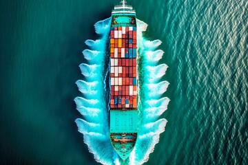 Wall Mural - Top view cargo ship sailing on flat turquoise sea, created with generative ai