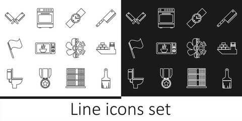 Poster - Set line Paint brush, Cargo ship, Wrist watch, Microwave oven, Flag, Crossed meat chopper, Air conditioner and Oven icon. Vector