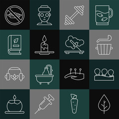 Sticker - Set line Leaf, Vacuum cans, Sauna bucket and ladle, Dumbbell, Aroma candle, Medical book, Food no diet and Scented spa stick icon. Vector