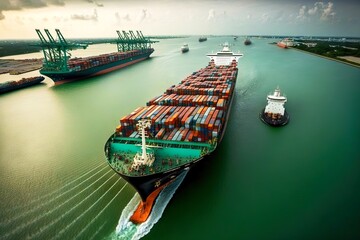 Wall Mural - Large cargo ship goes through water area of port accompanied by small boat, created with generative ai