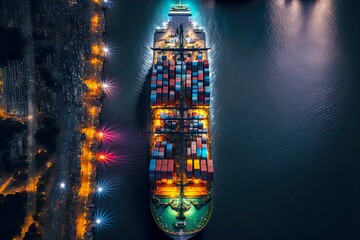 Wall Mural - Large cargo ship with side lights calls at port late at night, created with generative ai