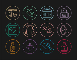 Canvas Print - Set line Sports nutrition, Smart watch with heart, Calendar fitness, Headphones, Heart rate, Barbell, and icon. Vector