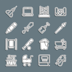 Sticker - Set line Toy horse, truck, Paint brush, Abacus, Sword toy, Pencil with eraser, Dart arrow and Shovel icon. Vector