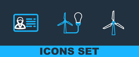 Poster - Set line Wind turbine, Identification badge and Light bulb with wind icon. Vector