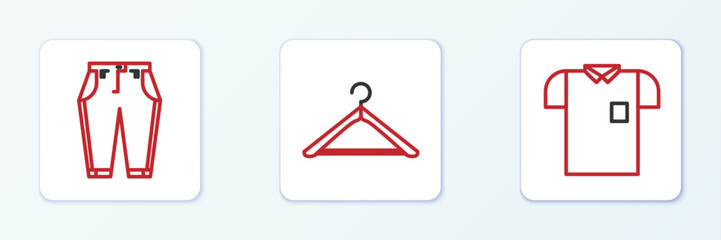 Sticker - Set line Polo shirt, Pants and Hanger wardrobe icon. Vector