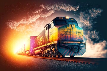 Sticker - Cargo train with loaded wagons and containers goes in evening, created with generative ai