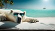 a polar bear is lying on a beach bed, wearing sunglasses, on a tropical beach, Maldives, fantasy, generated in AI