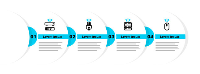 Poster - Set line Wireless mouse, Smart server, electric plug and TV box receiver icon. Vector