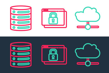 Sticker - Set line Network cloud connection, Server, Data, Web Hosting and Secure your site with HTTPS, SSL icon. Vector