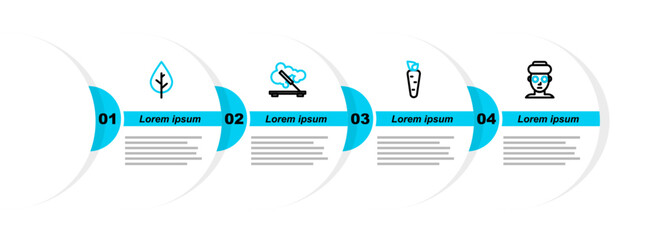 Poster - Set line Facial cosmetic mask, Carrot, Scented spa stick and Leaf icon. Vector