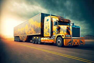 Wall Mural - High-speed cargo truck with loaded trailer rides on country highway, created with generative ai