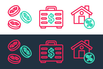 Poster - Set line House with percant discount, Coin money dollar and Briefcase and icon. Vector