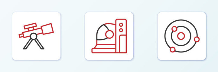 Sticker - Set line Solar system, Telescope and Astronaut helmet icon. Vector