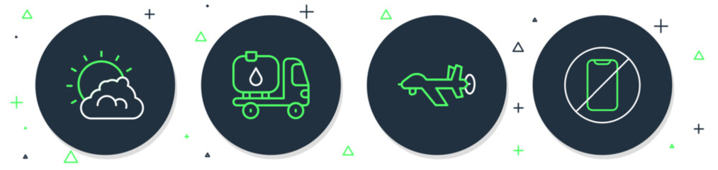 Poster - Set line Fuel tanker truck, UAV Drone, Sun and cloud weather and No cell phone icon. Vector