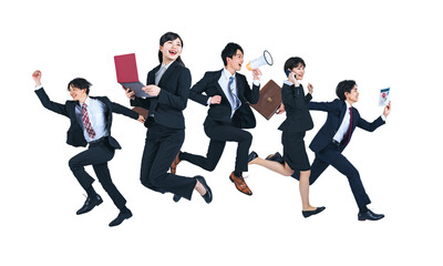 Aufkleber - ジャンプする若いビジネスパーソンのグループ　背景透過PNG　（1人ずつのPNG画像も販売しております。作成者リンクからPNGで検索してください）