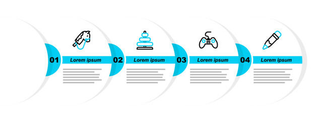 Poster - Set line Pencil with eraser, Gamepad, Pyramid toy and Toy horse icon. Vector