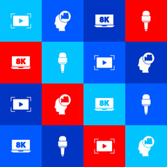 Poster - Set Online play video, Head with camera, Laptop 8k and Microphone icon. Vector