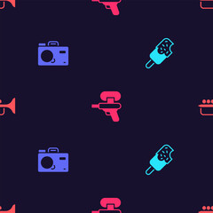 Wall Mural - Set Ice cream, Photo camera, Water gun and Trumpet on seamless pattern. Vector