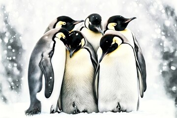 Sticker - Small group of emperor penguin escape from cold by snuggling up against each other, created with generative ai