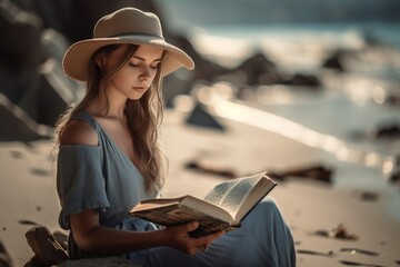 Wall Mural - a beautiful woman reading in a beach. generative AI