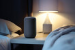 Smart speaker, virtual assistant with AI voice recognition, on a bedroom nightstand