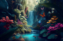 Beautiful Nature Scene Of Forest, Butterflies In A Natural Jungle Environment Landscape, Colorful Yet Calm Art With Waterfall And Wilderness - AI Generated