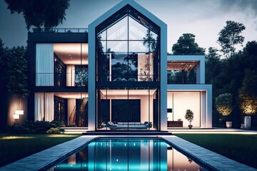 Canvas Print - Spacious modern house with panoramic windows in whole wall and swimming pool, created with generative ai