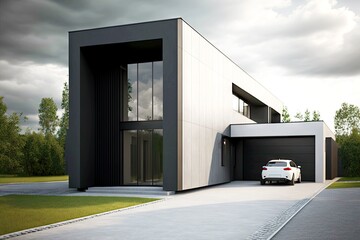 Canvas Print - Designer modern house with convenient driveway and spacious garage, created with generative ai