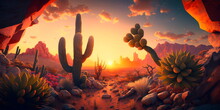 A Colorful Sunset Over A Desert Landscape With Cactus And Rocks. Generative AI