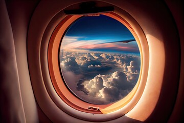 Poster - view of clouds and sky from the window of first-class airplane seat, created with generative ai