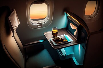 Poster - first class seat with tray table and reading light, ready for in-flight dining, created with generative ai