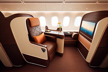 Poster - luxury first-class cabin with spacious seating, plush leather chairs and exclusive amenities, created with generative ai