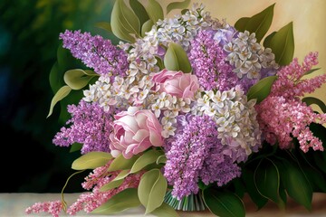 Wall Mural - lilac pink flowers in wedding bouquet to celebrate marriage, created with generative ai