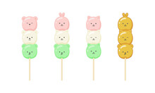 Kawaii Dango In The Form Of Cute Animals, Isolated On A White Background. Traditional Japanese Dessert Characters On A Stick. Vector Set For Hanami, Cover, Wrapper, Packaging, Signage, Emblem Or Print