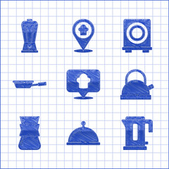 Canvas Print - Set Chef hat with location, Covered tray of food, Electric kettle, Kettle handle, Coffee turk, Frying pan, stove and Blender icon. Vector