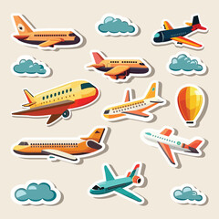 set of sticker style airplanes and clouds elements on peach background.