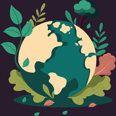 Poster - Vector Illustration of Earth Globe or Planet Surrounded By Leaves, Tree On Dark Purple Background.