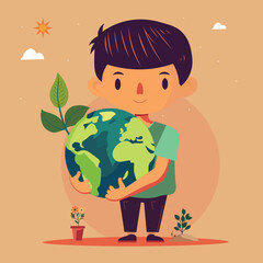 Sticker - Cute Boy Character Holding Earth Globe With Plants On Sun Pastel Orange Background.