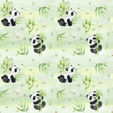 Fototapeta Dziecięca - Cute panda, bamboo, dragonflies, bamboo leaves. Watercolor seamless pattern on a watercolor green background. Children's tropical drawing of a cute panda. For textiles, packaging, wallpaper,postcards.