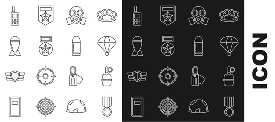 Wall Mural - Set line Military reward medal, Hand grenade, Parachute, Gas mask, Aviation bomb, Walkie talkie and Bullet icon. Vector