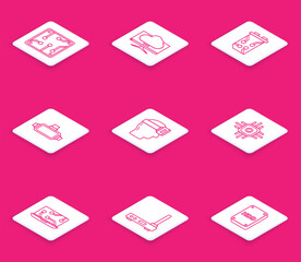 Poster - Set line Processor, Computer monitor screen, Video graphic card, Virtual reality glasses, Laptop and Router and wi-fi signal icon. Vector