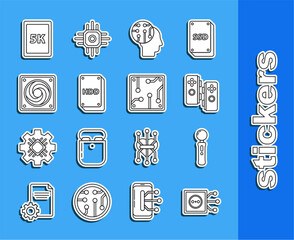 Poster - Set line Remote control, Gamepad, Human brain as digital circuit board, Hard disk drive HDD, Computer cooler, Tablet with text 5k and Processor icon. Vector