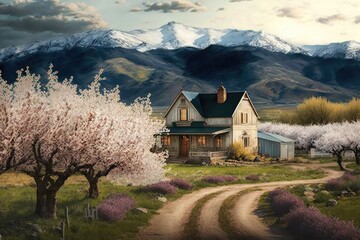 Wall Mural - farmhouse, surrounded by blooming cherry orchards, with mountains in the background, created with generative ai