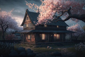 Wall Mural - farmhouse surrounded by blooming cherry blossoms, created with generative ai