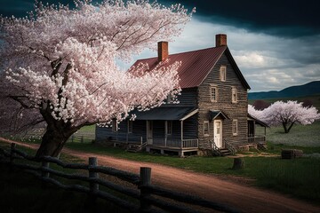 Wall Mural - farmhouse surrounded by blooming cherry blossoms, created with generative ai