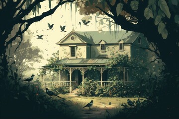 Canvas Print - farmhouse surrounded by lush greenery with birds singing in the background, created with generative ai