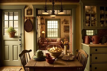 Canvas Print - cozy farmhouse kitchen, with harvest table and warm colors, surrounded by french doors, created with generative ai