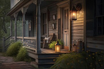 Canvas Print - farmhouse with wooden porch and lanterns, created with generative ai