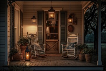 Wall Mural - rustic farmhouse with wooden porch, rocking chairs, and hanging lanterns, created with generative ai