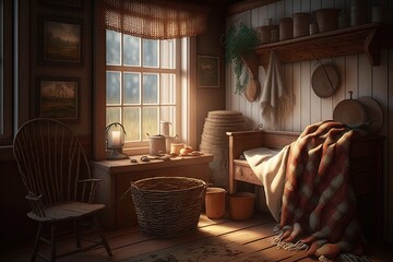 Canvas Print - warm and cozy interior with plaid blankets, woven baskets, and rustic furniture, created with generative ai